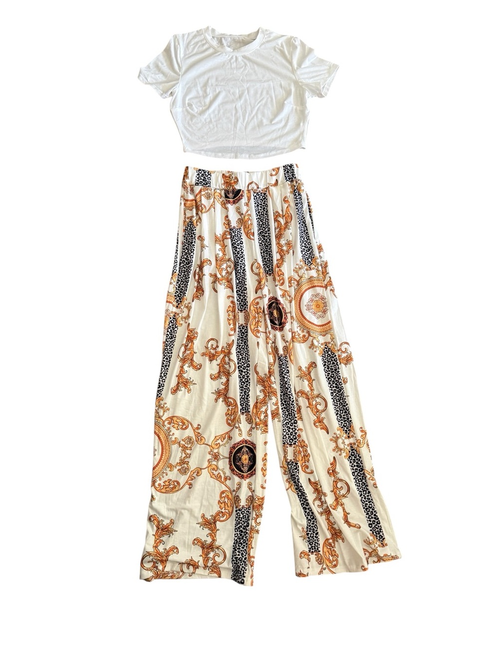 2 Piece White Baroque Print M Lounge Set Wide Leg Pants Crop Top Euro Summer - Picture 2 of 5